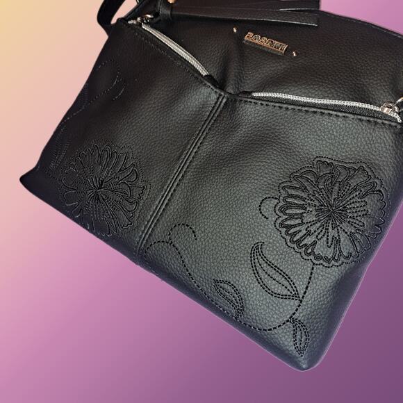 Rosetti Black Floral Stitched Crossbody Bag Double Zipper Adjustable Strap - Picture 3 of 13